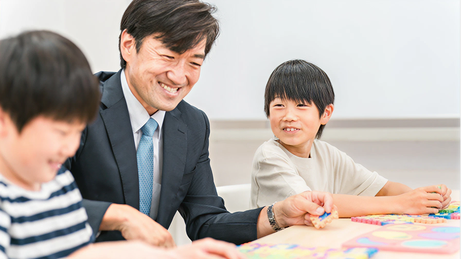 英会話スクールの先生と児童。