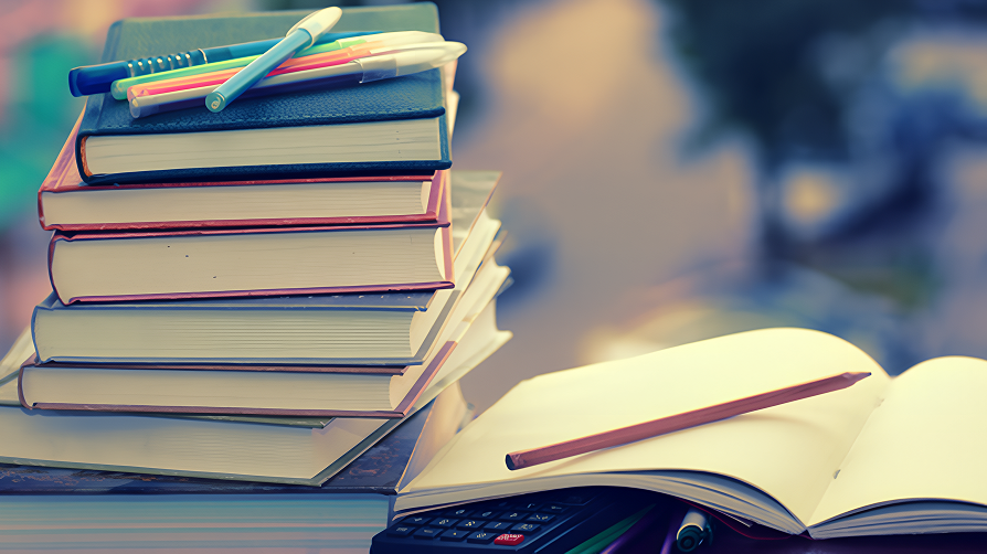 積み上げた参考書と筆記用具。勉強のイメージ。